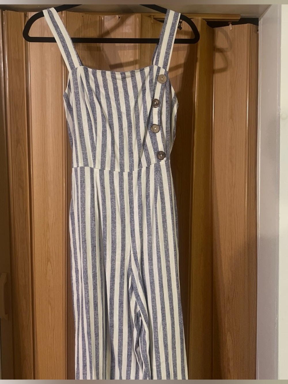 Striped Sleeveless Jumpsuit with Button Detail - Blue & White